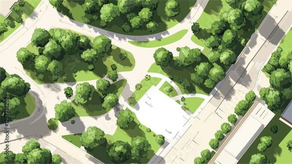 Obraz The image is an overhead, aerial shot of a park or green space. The perspective is from directly above, showing a bird's-eye view of the layout.  The color palette is primarily green from the