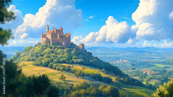 Fototapeta shot of a local ancient castle perched on a hill, overlooking a picturesque landscape of rolling hills and forests below 