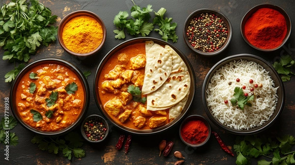 Fototapeta Flat Lay of Indian Cuisine with Spices on Rustic Wooden Table