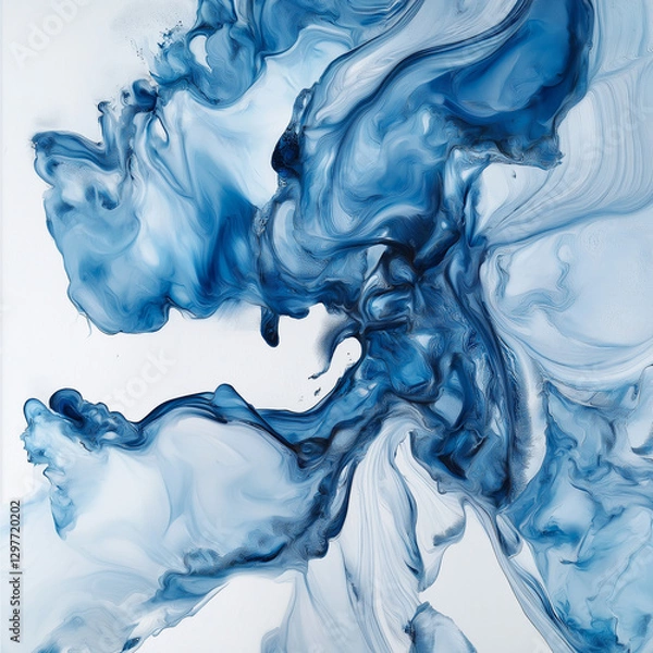 Fototapeta An icy cool dispersion of frozen blue and white hues, melting into soft liquid trails, resembling thawing ice against a pristine white background 
