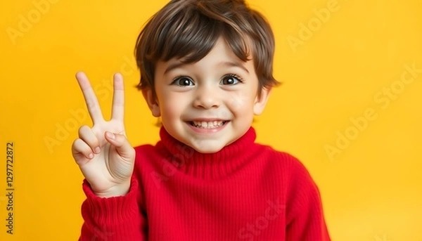 Obraz Happy Toddler Boy in Red Sweater Showing Peace Sign on Yellow Background