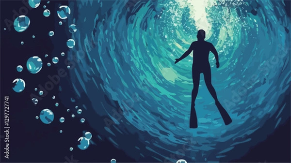 Fototapeta The image is a digital illustration depicting the silhouette of a freediver in a swirling underwater environment.  The diver is centrally positioned, facing upwards towards a brighter area,