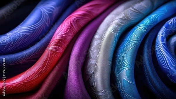 Fototapeta Colorful silk fabrics swirling, textile texture close-up, design background