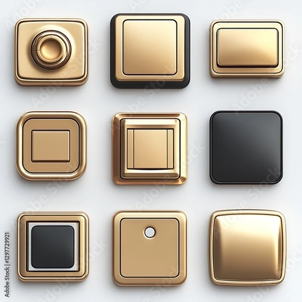 Fototapeta Nine gold and black square light switches.