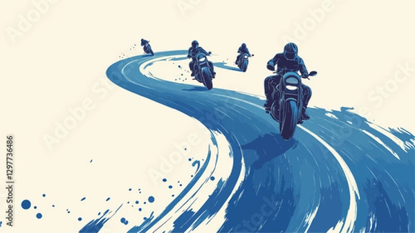 Obraz An illustration depicting four motorcyclists riding on a winding road. The style is abstract, with the road and motorcycles rendered in shades of blue with visible brushstrokes, creating a