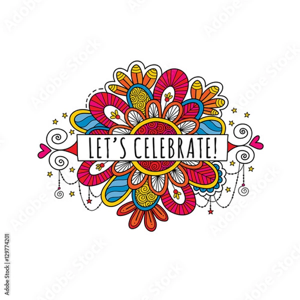 Fototapeta Let's Celebrate Banner surrounded by stars, doodles, swirls and sparkles on a white background, vector illustration.