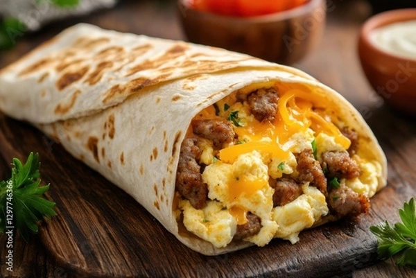 Fototapeta Delicious breakfast burrito filled with scrambled egg sausage and cheddar cheese on rustic wood surface