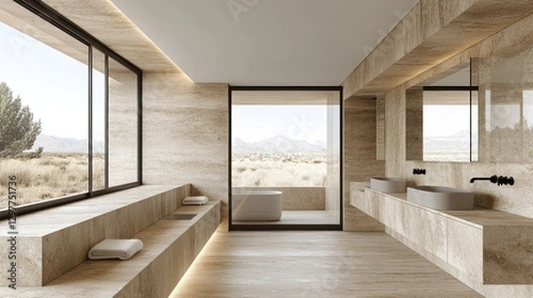 Fototapeta Modern Minimalist Bathroom Design with Desert Views
