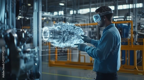 Fototapeta Industrial Engineer Using AR Smart Glasses to Inspect 3D Holographic Engine Model in Factory