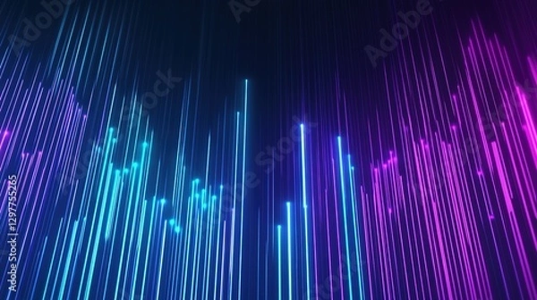 Obraz An abstract digital waveform design featuring vibrant cyan and blue hues, with precise vertical lines that represent sound visualization in electronic music. 