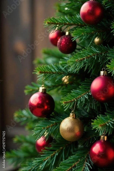 Fototapeta Dense spruce branches against a wooden background, adorned with red glass balls and golden ornaments, rustic, Christmas, red glass balls