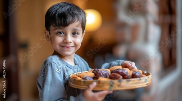 Fototapeta A child grins widely while holding a beautifully arranged tray of dates and sweets to share with neighbors, embodying the warm spirit of Eid celebrations in a cozy home setting