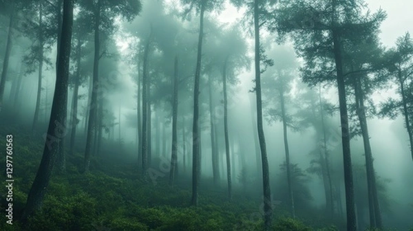 Fototapeta dreamy misty forest where rain trees stand tall in the fog.