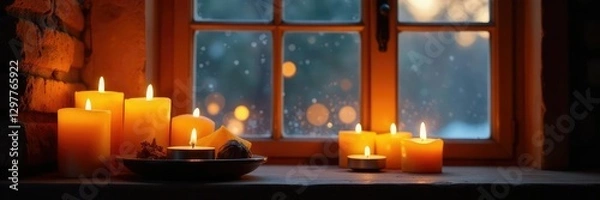 Fototapeta Warm candlelight flickers through frosted glass, glow, window