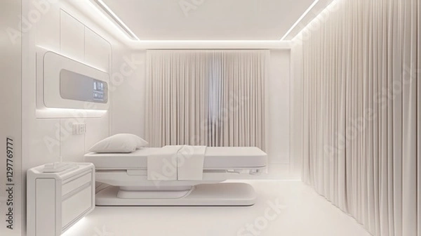 Fototapeta hospital room with seamless automation, a floating bed design, hidden storage compartments, and soft-touch satin curtains.