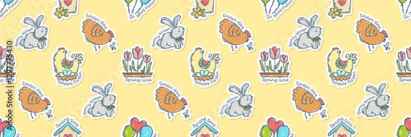 Fototapeta Easter colorful doodle icons stickers with quotes seamless pattern, hand-drawn spring hunt theme background, cute symbols, elements and lettering collection.