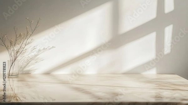 Obraz marble tabletop with warm beige undertones, soft natural lighting, and dynamic abstract shadows on a minimalist white wall background.