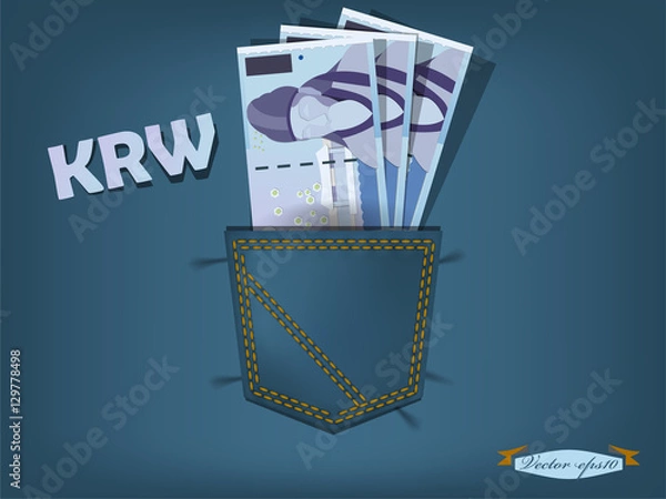 Fototapeta vector illustration of korean won  in the pocket of blue jeans
