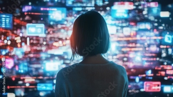 Fototapeta A woman is looking at a computer screen with a lot of different icons and images