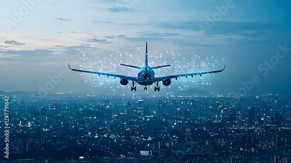 Obraz Airplane Flying Over Illuminated City At Night Showing Data Network Connections