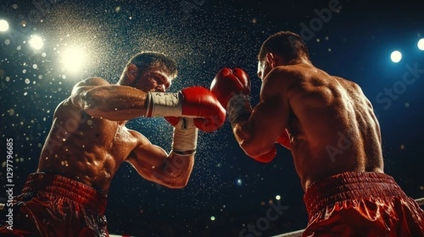 Fototapeta Two boxers are in the ring, one of them is wearing a red glove