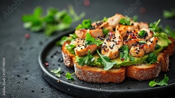 Fototapeta Plate with a sandwich topped with shrimp and avocado on a wooden table