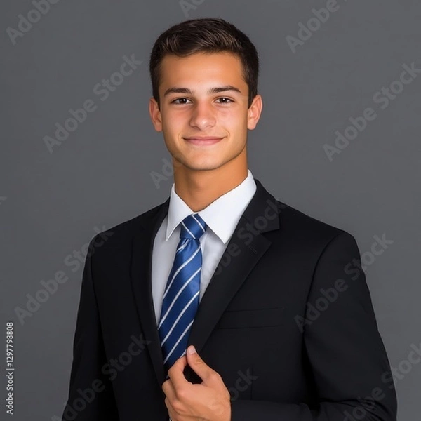 Fototapeta Portrait of a Smiling Young Businessman in a Suit and Tie Against a Gray Background, Ready for Success
