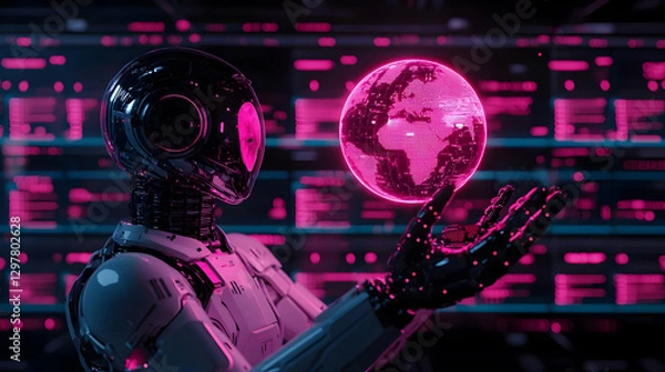 Fototapeta Futuristic Robot Embracing Holographic Earth in Neon Environment