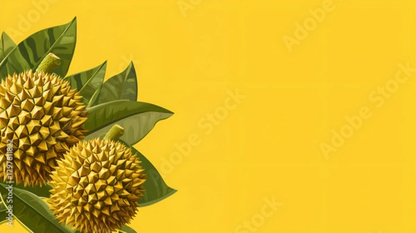 Fototapeta Seasonal banner with fresh Whole durian on a yellow background with copy space, AI Image.