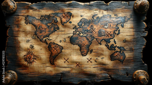 Obraz old parchment pirate treasure map with X marks, depicting world map with detailed illustrations and compass rose, evokes sense of adventure and mystery
