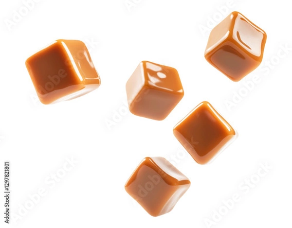 Fototapeta Caramel cubes isolated on transparent background