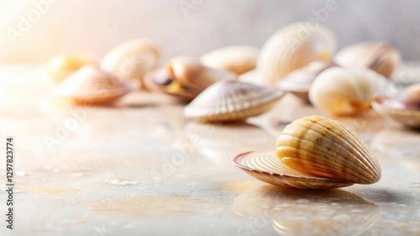 Fototapeta Seashells on a Reflective Surface A Collection of Coastal Treasures Glistening in Soft Light