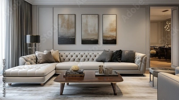 Fototapeta An elegant living room with a stylish sectional sofa, a chic coffee table, and tasteful artwork on the walls, showcasing a sophisticated design that reflects personal style.