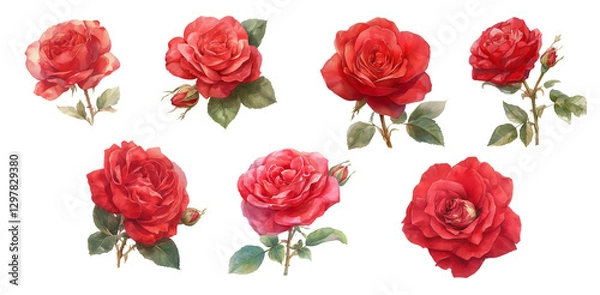 Fototapeta Bundled Collection of red flower paintings, colorful bouquets.