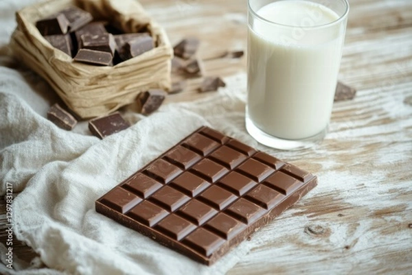 Fototapeta Chocolate bar with a glass of milk and pieces of chocolate on a wooden table in a cozy setting. Generative AI