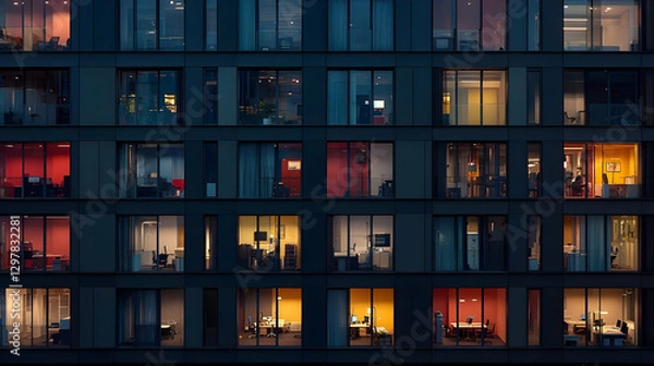 Fototapeta Exterior view of office building at night with illuminated windows showing interior levels