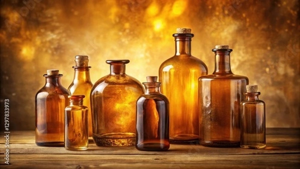 Obraz Amber glass bottles arranged on a wooden surface against a warm background, a collection of vintage apothecary jars illuminated by soft light