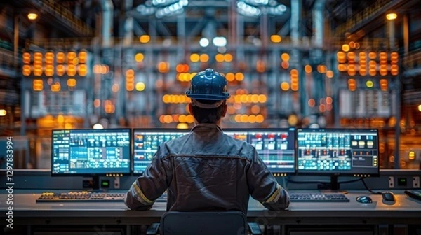 Obraz Engineer monitoring industrial control system, multiple screens displaying data, factory background.