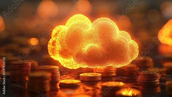Fototapeta Golden Cloud Computing Concept with Stacks of Coins