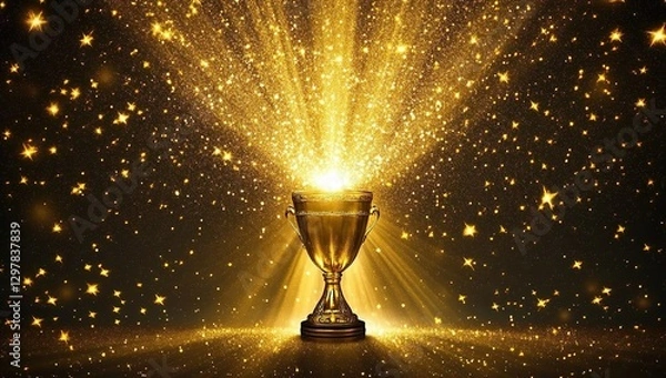 Obraz Golden Trophy with Sparkling Glitter on Dark Background