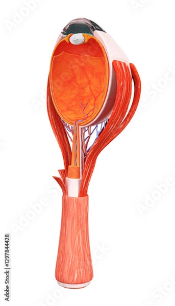 Fototapeta 3D Cross-section of the human eye showing internal anatomy, including cornea, lens, retina, and optic nerve. Detailed medical illustration for educational and ophthalmology use