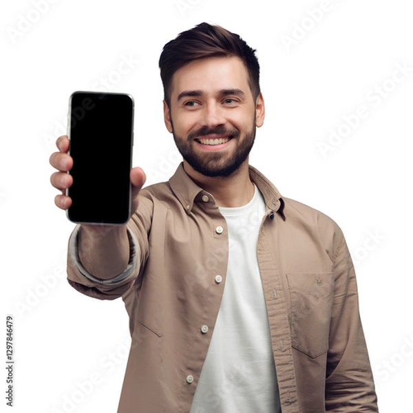 Fototapeta  Smiling man with a beard, beige shirt, and white t-shirt holding a smartphone with its screen facing the viewer, isolated on transparent background PNG  