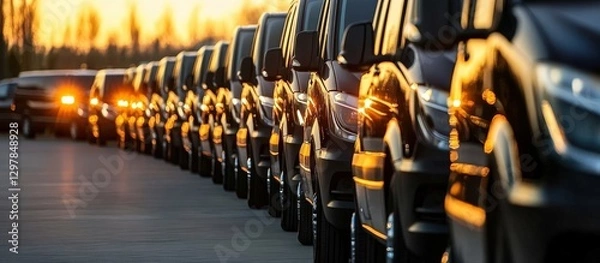 Fototapeta A row of black luxury vans neatly parked at a dealership.