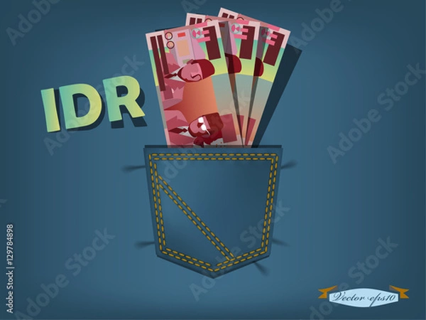 Fototapeta vector illustration of indonesian rupiah in the pocket of blue jeans
