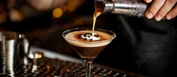 Fototapeta The art of bartending: espresso martini being crafted at the counter.
