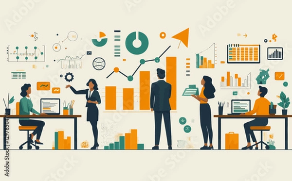 Fototapeta Business Planning Concept: Flat Style Vector Illustration of Executive Presenting Strategy with Growth Graph to Team