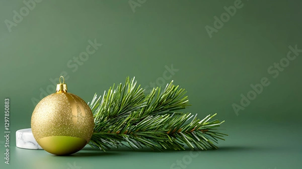 Fototapeta Golden Christmas Ornament And Pine Branch On Green Background