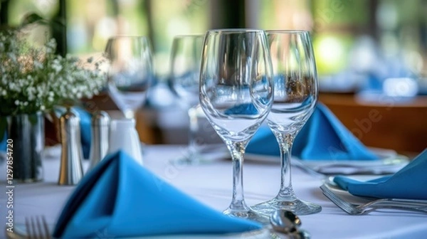 Obraz Chic and elegant table decor showcasing blue napkins and glassware