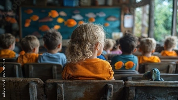 Obraz Preschoolers captivated by an underwater world, a vibrant classroom scene filled with wonder and learning.