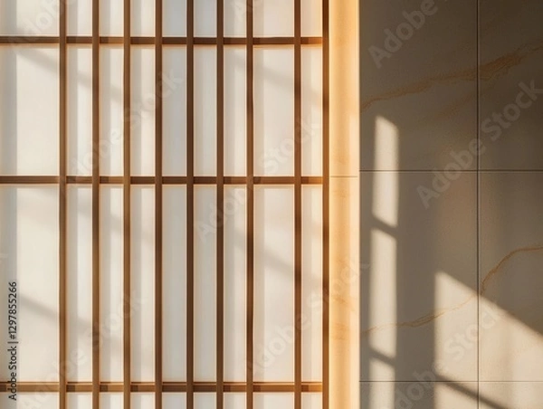 Fototapeta Warm golden hour light filtering through minimalist paper screens, creating a tranquil, airy aesthetic